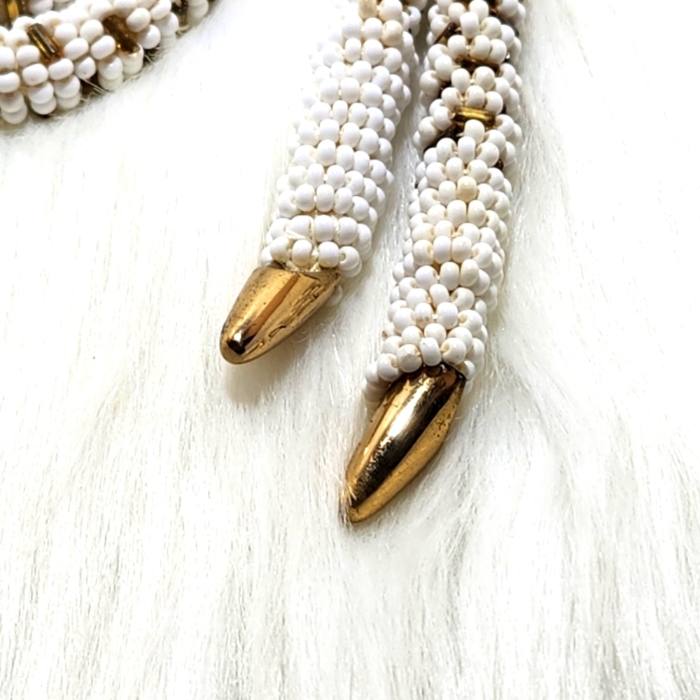 Vintage White and Gold Tone Beaded Braided Necklace Extra Long 21" L - Picture 2 of 5
